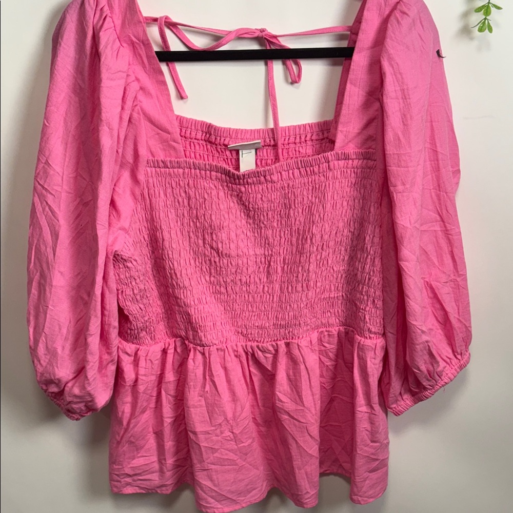 Ava & Viv Pink Smocked Blouse with Puff Sleeves